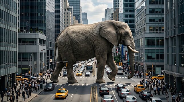 A surreal scene of a giant elephant walking down a busy city street with cars and people