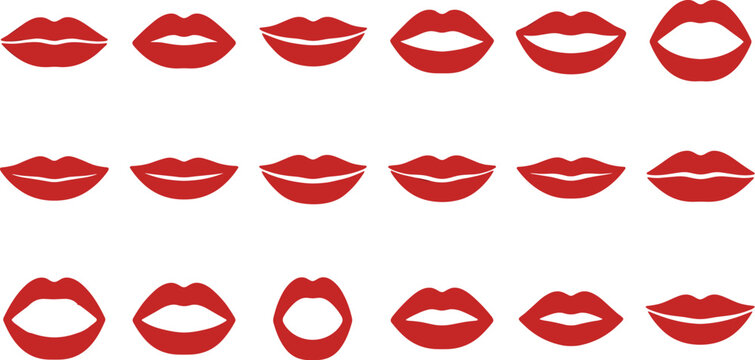 Red lips shapes set with different mouth expressions kiss smile and beauty makeup icons illustration collection