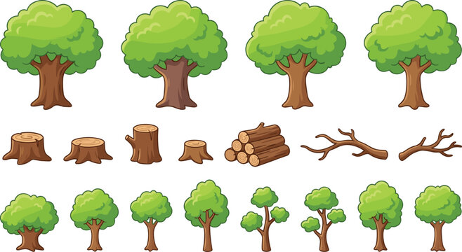 Cartoon tree set with different shapes stumps logs and branches forest nature elements illustration collection