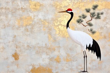Fototapeta premium Crane silhouette with pine tree against old grunge wall background