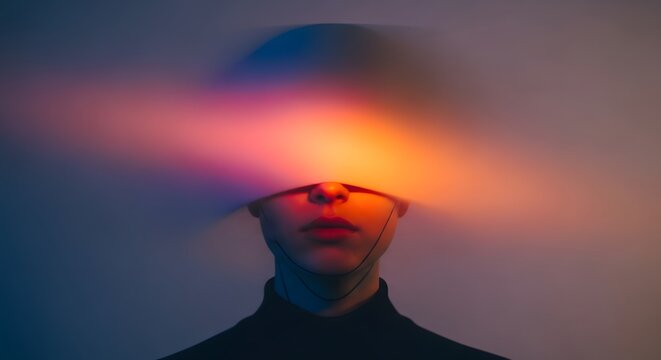 Blurred motion portrait of a person with light streaks. Digital privacy and identity distortion. Human face obscured by colorful speed trails and long exposure