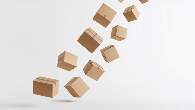 Brown Cardboard Boxes Falling in Air on White Background