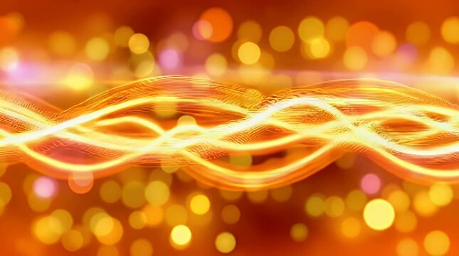 Abstract golden ribbon wave design on a blurred bokeh background perfect for luxury branding technology and event invitations with a vibrant energetic feel