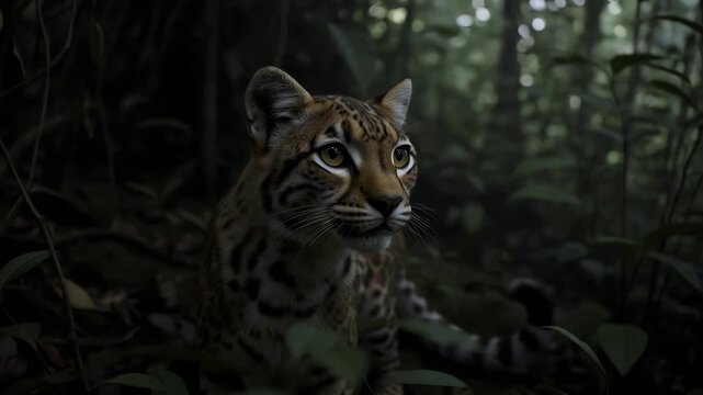 Ocelot Cub Exploring Dense Jungle Undergrowth With Curious Gaze