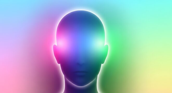 Dark human silhouette with glowing eyes and soft aura. Mystery and psychic ability concept. Anonymous person with bright light from eyes and colorful background