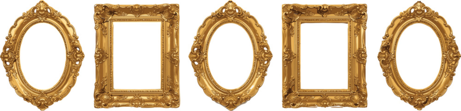 Vintage golden frames set with ornate baroque borders oval and rectangular antique picture frames illustration collection