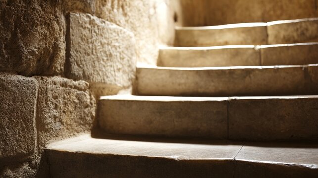 stonework. Stone staircase bathed in warm sunlight, evoking a serene and inviting atmosphere. real-estate listings.