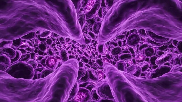 Microscopic Purple Cells Pulsating and Moving Through Organic Network