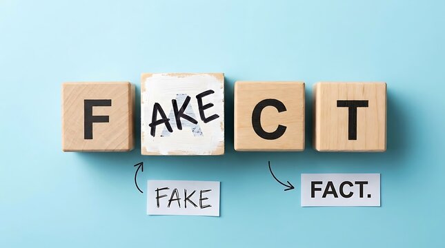 Wooden blocks spelling out fake and fact showing a concept of truth versus lie on a blue background