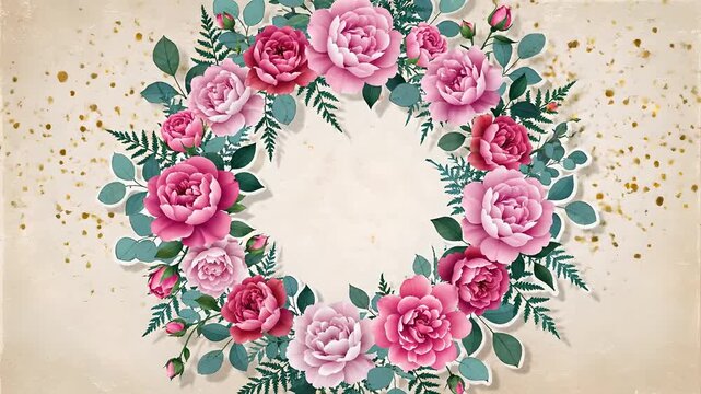 Guirnalda floral de peon&iacute;as rosas y rojas con brillo dorado sobre fondo r&uacute;stico, marco para mensajes del D&iacute;a de la Madre, San Valent&iacute;n o invitaciones de boda elegantes.