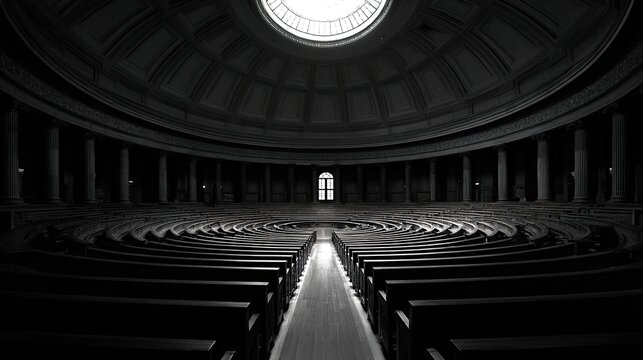 albite. An empty classical circular hall with curved rows of dark wooden seats under a dome. real-estate listings.