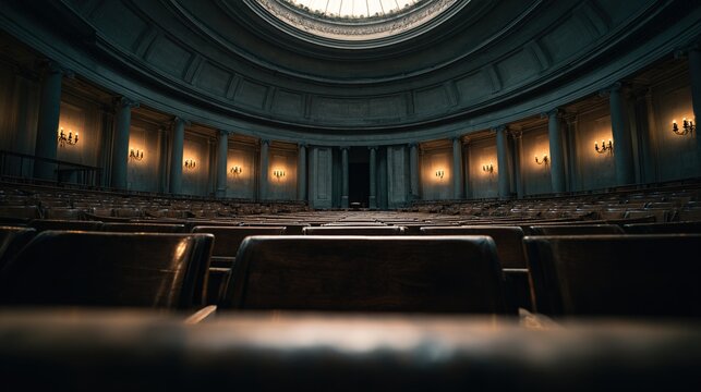 albite. An empty classical circular hall with curved rows of dark wooden seats under a dome. real-estate listings.