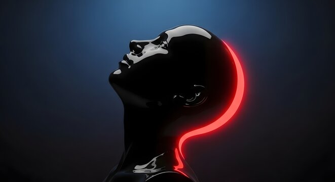 Glossy black mannequin head with glowing red light detail. Futuristic technology and human soul concept. Female bust looking up into blue dark background