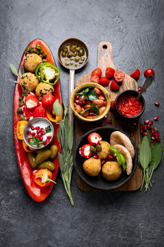 Assorted Arabic meze and appetizers.