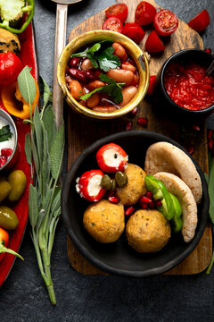 Assorted Arabic meze and appetizers.