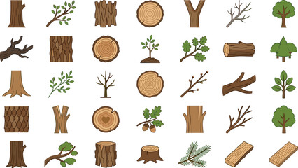 Colorful forest elements including tree trunks branches leaves logs and stumps for nature graphics © Mofajjol