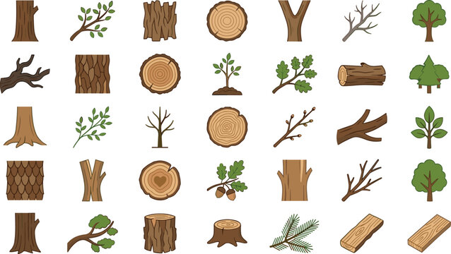 Colorful forest elements including tree trunks branches leaves logs and stumps for nature graphics