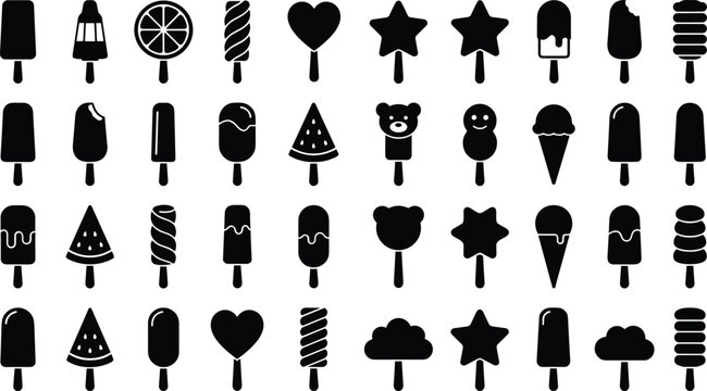 Ice cream popsicle silhouette icons collection featuring various fruit shapes hearts stars and cones