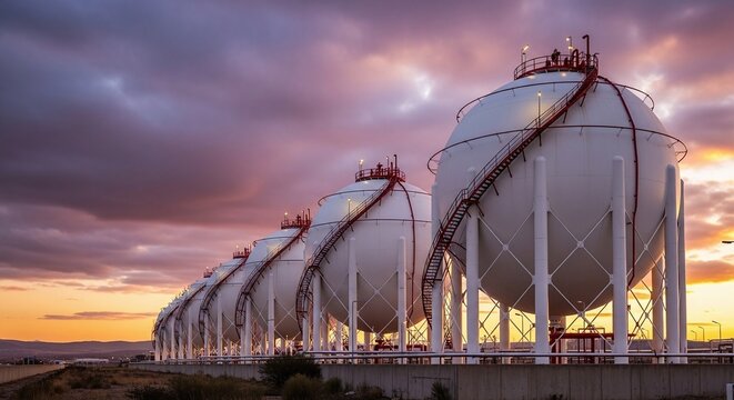 Row of large spherical industrial gas storage tanks at sunset