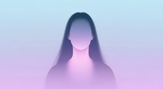 Dark purple silhouette of a woman against a soft neon background. Mystery and digital privacy. Faceless female figure representing an anonymous user or shadow self in cyberspace.