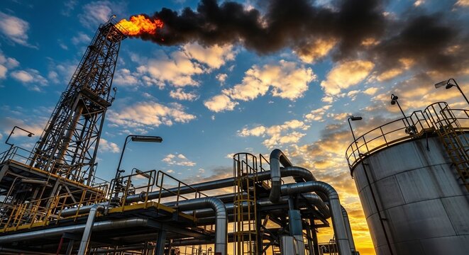 Oil and gas refinery plant with a flare stack emitting smoke against a dramatic sunset sky