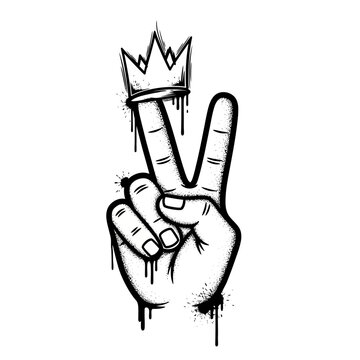 Hand with crown on peace sign.