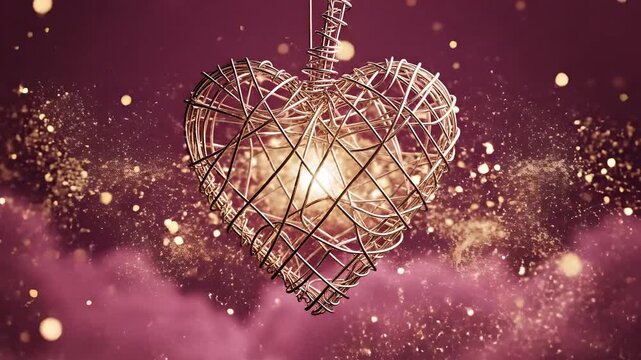 Coraz&oacute;n de alambre iluminado con part&iacute;culas doradas m&aacute;gicas sobre fondo rosa. Concepto rom&aacute;ntico para el D&iacute;a de la Madre, San Valent&iacute;n, bodas y aniversarios elegantes.