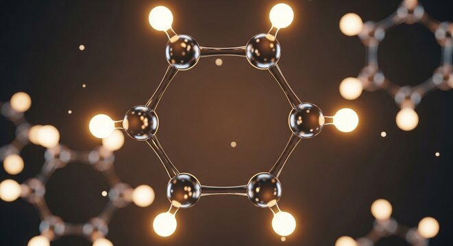 3d render of a benzene molecule structure with glowing atoms