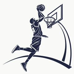 Basketball player dunking the ball over the hoop with slam dunk basketball competition athletic adrenaline energetic silhouette illustration professional championship playground training © Monir