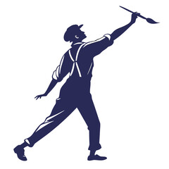 Obraz premium Artist in silhouette holding a paintbrush in raised hand mid-stride suspenders and cap fine art drawing tools art supplies artistic expression artistic process silhouette creation