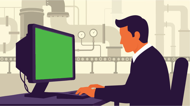Man Working at Computer in Industrial Control Room with Pipes and Conveyor Belt