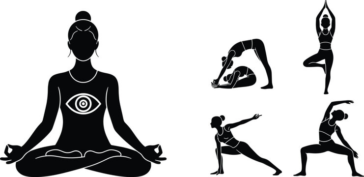 Black Silhouette Yoga Poses Vector Set With Chakra Lotus Meditation Tree Pose Warrior And Backbend Female Figures
