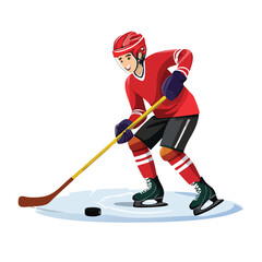Fototapeta premium Hockey player in action with stick and puck isolated on white background