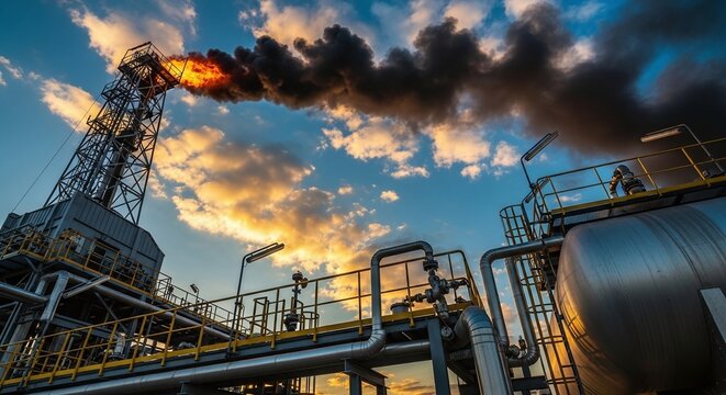Industrial oil refinery flare stack emitting smoke at sunset