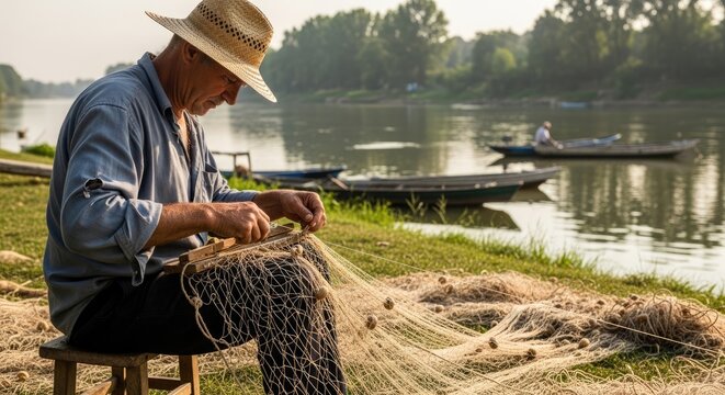 Man repairing fishing net by a serene lake with boats