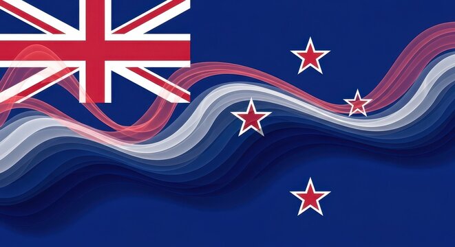 New zealand and british flags blending together in a wave pattern