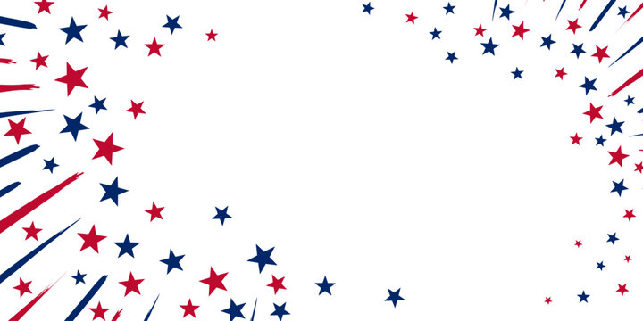 Stars and brush stroke lines in red and blue spread across a white isolated backdrop Lively scene for celebration Independence Day. Design is bright and inviting, perfect for an event. USA concept
