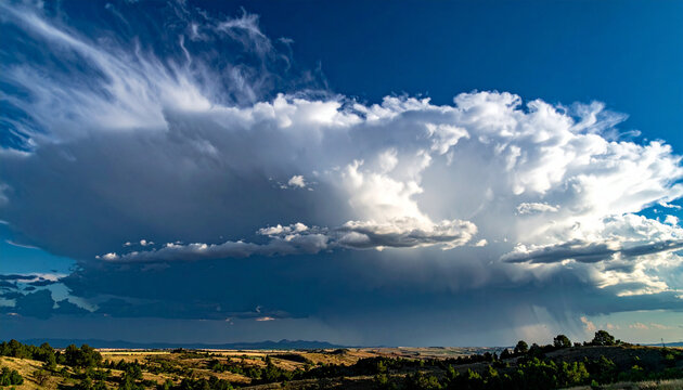 Enso cloud formation over rolling grassland and distant hills with dramatic climate storm towering across blue sky bringing light and shadow to states landscape
