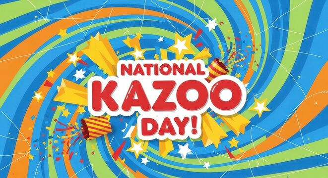 Colorful national kazoo day celebration with swirls and stars