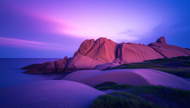 Purple rock formation enso climate states twilight coastal rock sea horizon smooth boulder dune grass sunrise