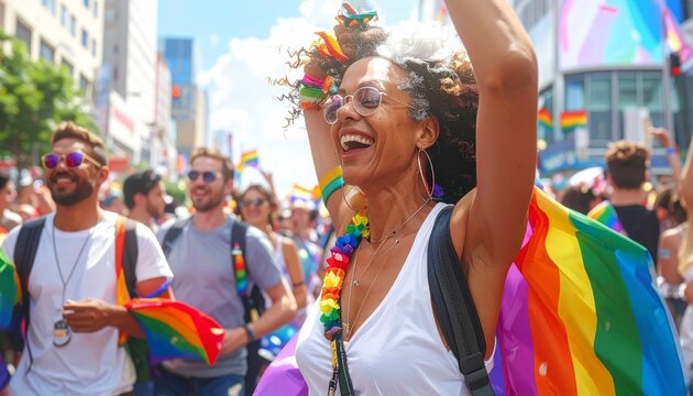 Joyful woman celebrates at Pride parade with rainbow flag.