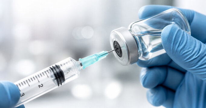 AI generated close up of syringe needle entering vial with clear liquid held by gloved hand soft blue clinical background healthcare vaccination sterile precision and pharmaceutical concept