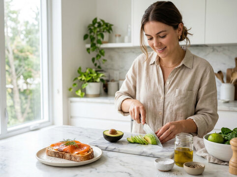 Woman preparing flexitarian breakfast with avocado toast