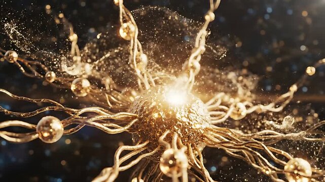 A close-up of a vibrant golden neuron-like network, sparkling with light and energy, an upscale concept.