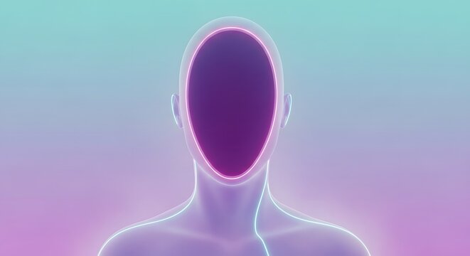 Hollow face neon humanoid silhouette. Artificial intelligence and loss of identity concept. Glowing purple and blue figure with empty face frame on pastel background