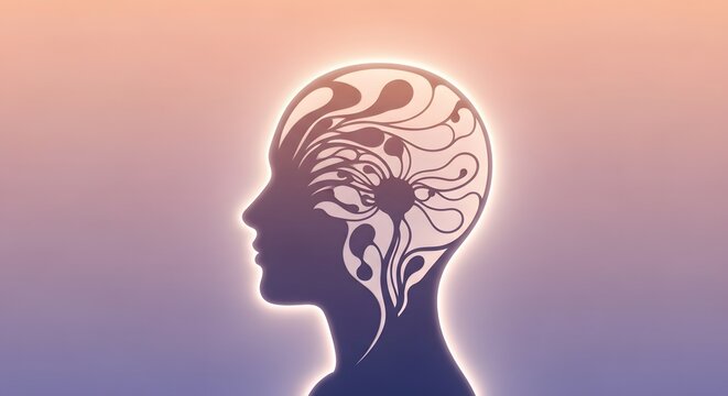 Glowing silhouette profile with floral brain patterns. Creativity and blossoming ideas. Human head outline featuring organic swirling lines on a warm sunset gradient background
