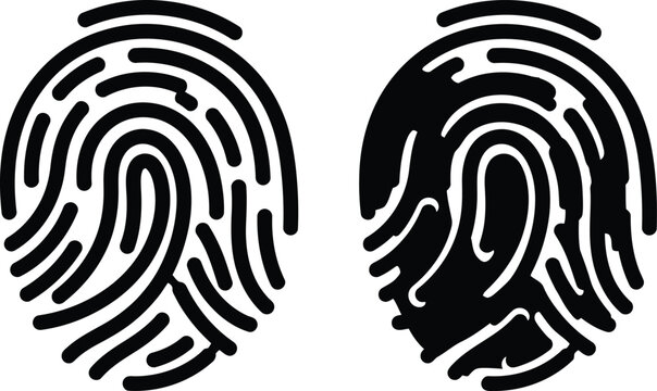 Two distinctive black fingerprint icons illustrating unique biometric patterns for security verification and digital identity systems