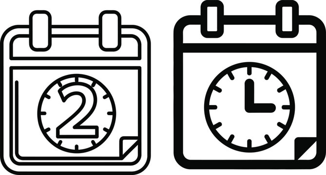 Two linear icons showing a calendar date with number two and a clock time tracker