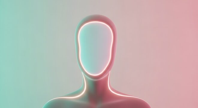 3D render of a smooth humanoid bust with neon facial glow. Virtual reality and artificial life. Faceless human figure with soft pink light borders symbolizing digital transformation