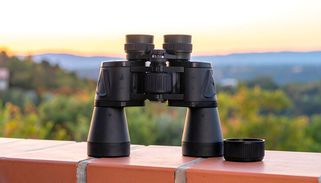 Black binoculars resting on a brick balcony railing with a lens cap beside them against a sprawling sunset valley view generative AI